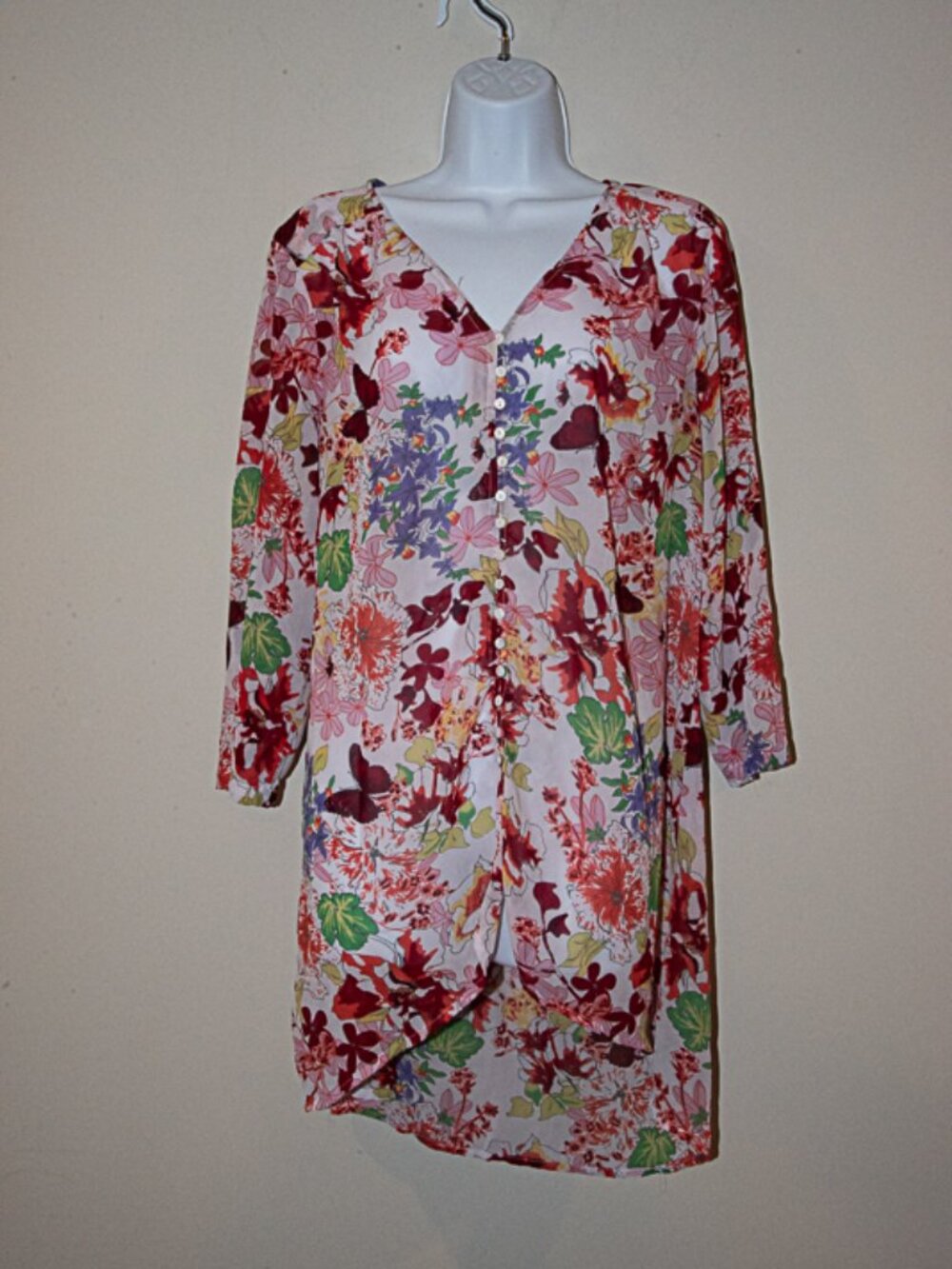 Cafe Marrakech Floral Sheer 3/4 sleeve Tunic Top Size Large
